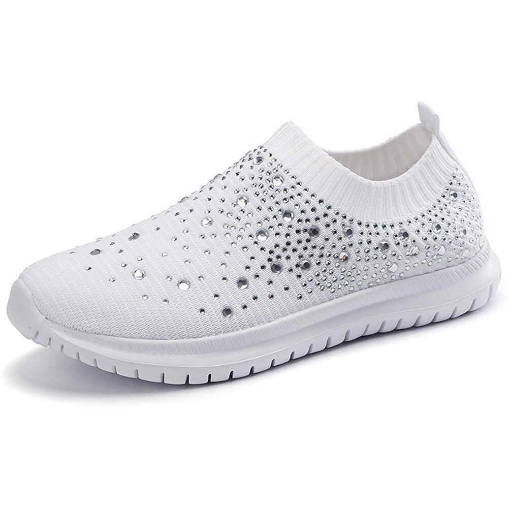 Women's Mesh Walking Shoes Rhinestone Glitter Slip On Ballroom Sneakers White